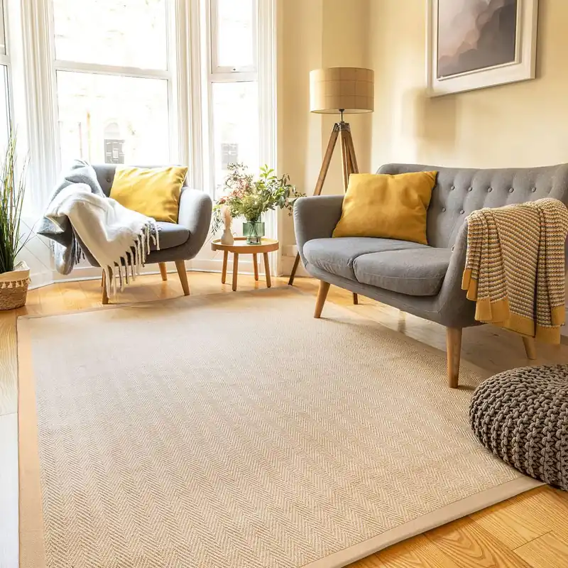 Beige Natural Jute Herringbone Pattern Non Slip Cotton Border Rug - Kukoon