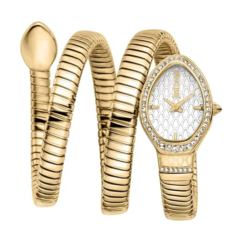 Women's Snake Watch Gold Case Silver Dial Gold SS Bracelet - Just Cavalli