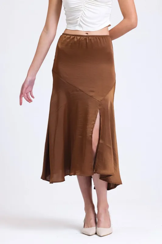 Satin Elastic Waist Slit Midi Skirt - Hiccup