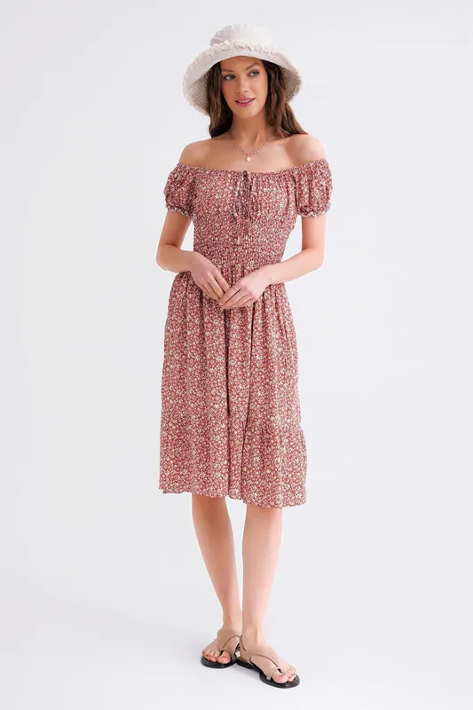 Off-Shoulder Floral Smocked Waist Puff Sleeve Midi Dress