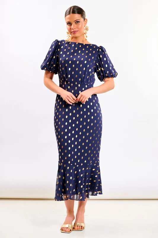 Navy Chiffon Foil Puff Sleeve Midi Dress - Needs No Label