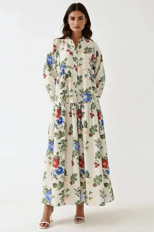Floral Linen Feel Crew Neck Maxi Dress - Hiccup