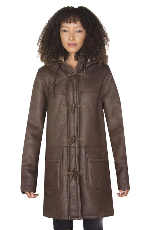 Hooded Sheepskin Leather Duffle Coat-Charlotte