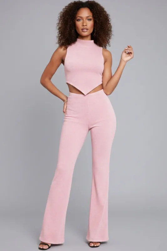 Asymmetric High Neck and Flared Trouser Co-ord Set