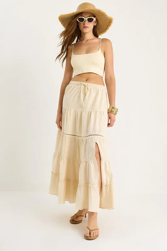 High Waist Textured Long Skirt with Slit - Bianco Lucci