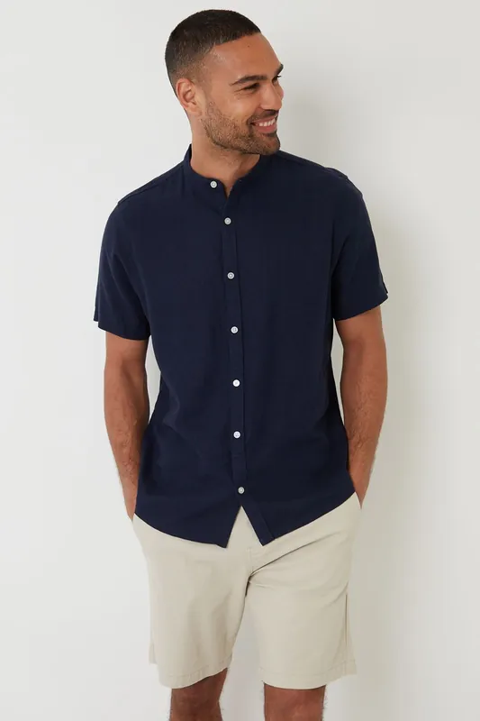 Grandad Collar Linen Blend Short Sleeve Shirt - Threadbare