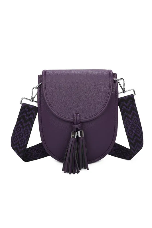 Zemira Flap Over Crossbody Bag With Tassel And Printed Strap - IKRUSH