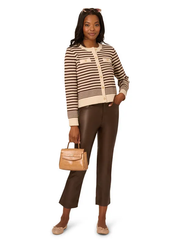 Crew Neck Button Front Striped Pointelle Long Sleeve Sweater - Adrianna Papell