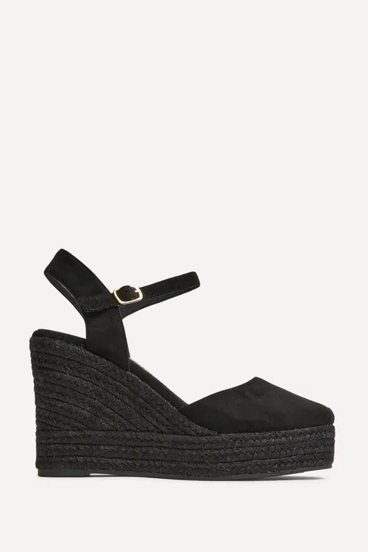 True Black Faux Suede Espadrille Wedges - Linzi