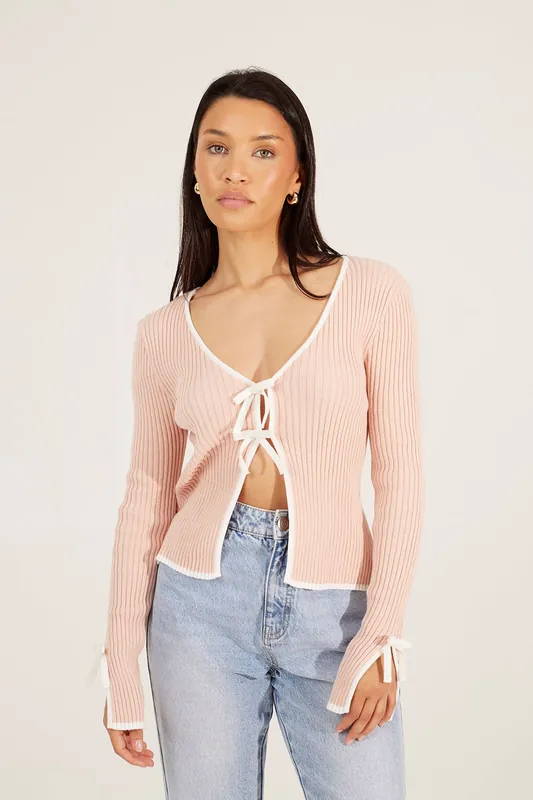 Ribbed Knitted Cardigan with Bow Fastening - Brave Soul