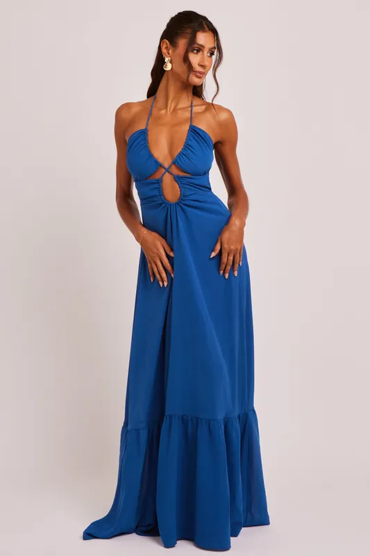 Tam Cobalt Blue Keyhole Detail Plunge Maxi Dress - Jaded Rose