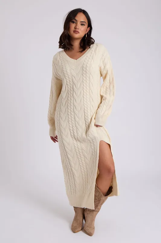 Cream Midaxi V Neck Dress - Urban Bliss