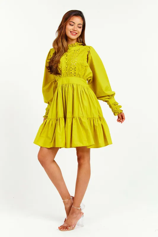 Mustard Embroidered Ruffle Mini Dress - LuvForever Fashion