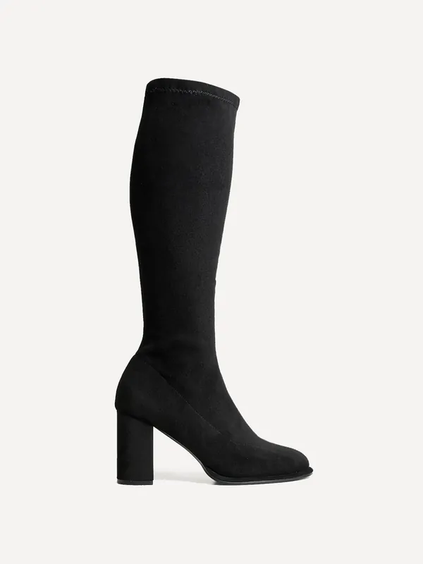 Kylie Black Stretch Suede Long Block Heeled Boot - Linzi