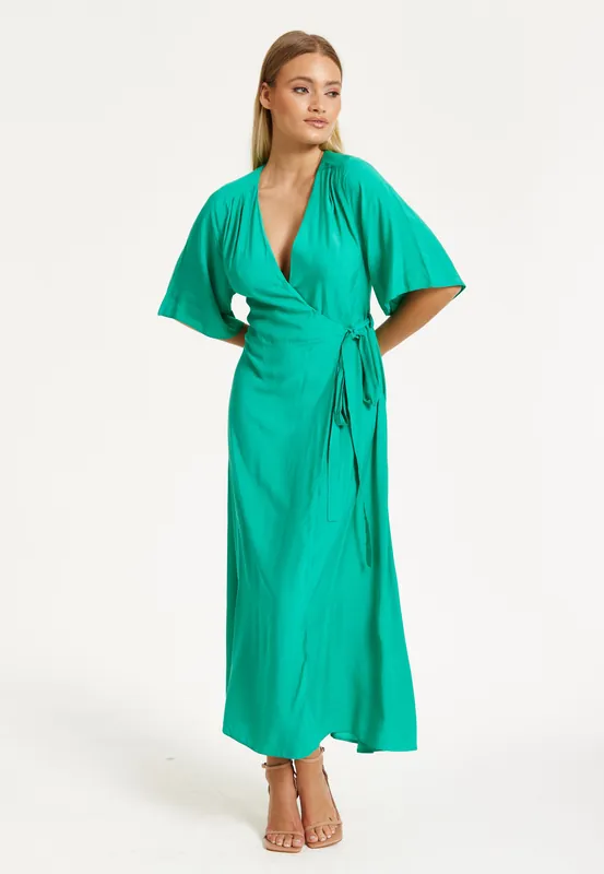 Green Maxi Wrap Dress With Kimono Sleeves - Liquorish