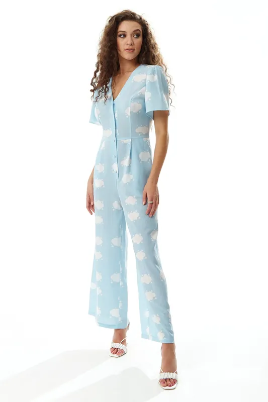 Cloud Print Jumpsuit in Blue - Liquorish