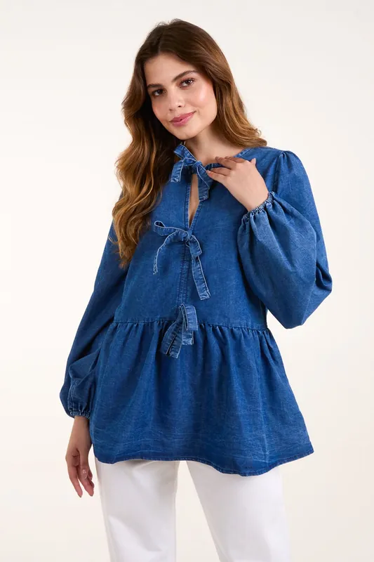 Tie Front Chambray Blouse - Blue Vanilla