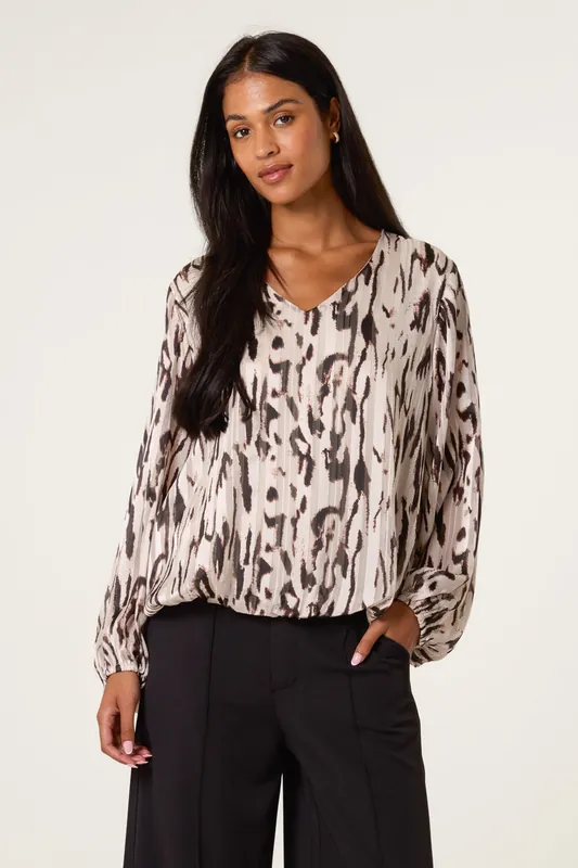 Brown Animal Print Puffball V Neck Top - Blue Vanilla