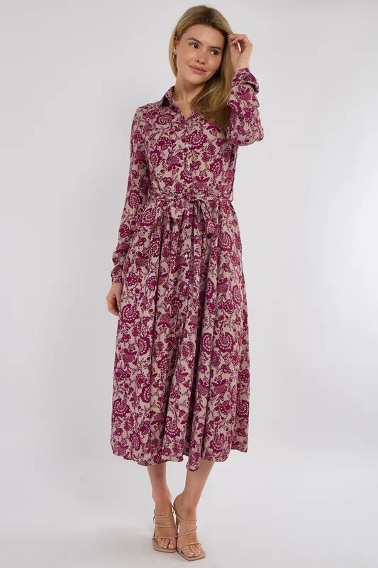 Berry Floral Paisley Print Long Sleeve Maxi Shirt Dress - Love Sunshine