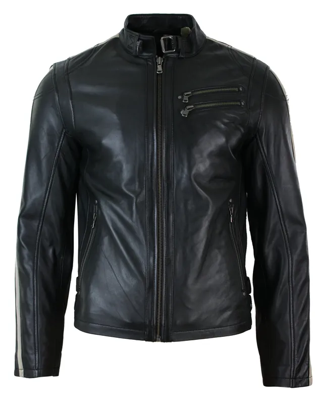 Men'sLeather Biker Racing Jacket Stripes Sleeves - TruClothing