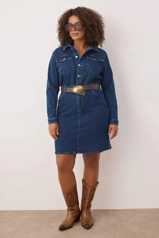 Belted Button Front Denim Shirt Mini Dress - WOVCOR