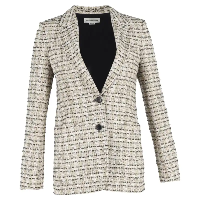 Preloved Single-Breasted Blazer in Beige Cotton Tweed