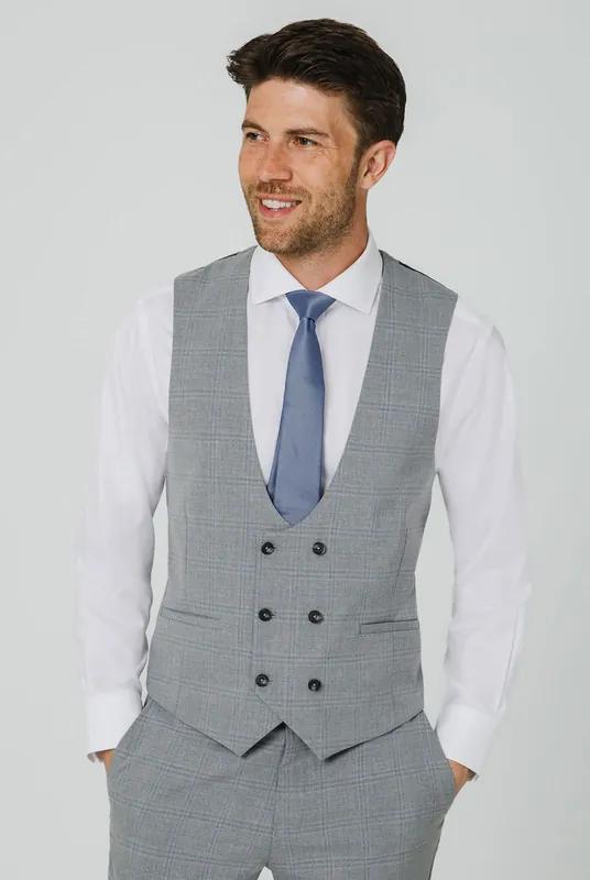 Grey/Blue Check Double Breasted Waistcoat - Dobell