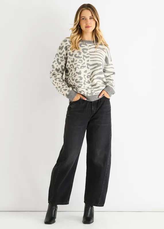 Grey Contrast Zebra Animal Knit Jumper - Gini London