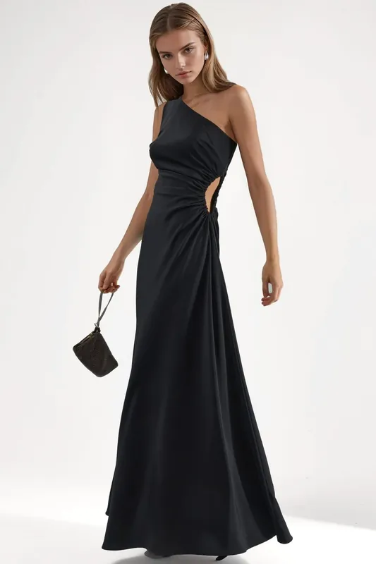 Asymmetrical Collar Cut Out Detailed Maxi Dress - Hiccup