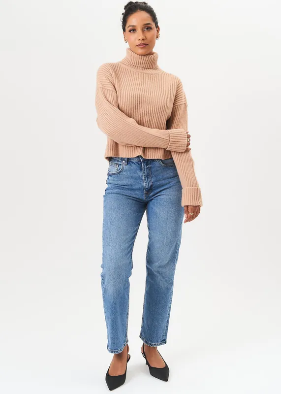 Camel High Neck Chunky Knit Crop Jumper - Gini London
