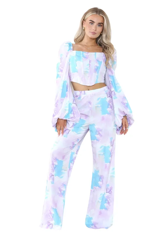2 Piece Set Tie Dye Corset Full Sleeve Crop Top High Waist Wide Flared Leg Palazzo Trouser - ELAINA FASHION
