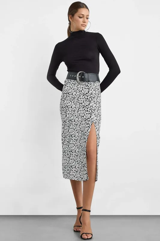 Printed Midi Skirt with Side Slit - Hiccup