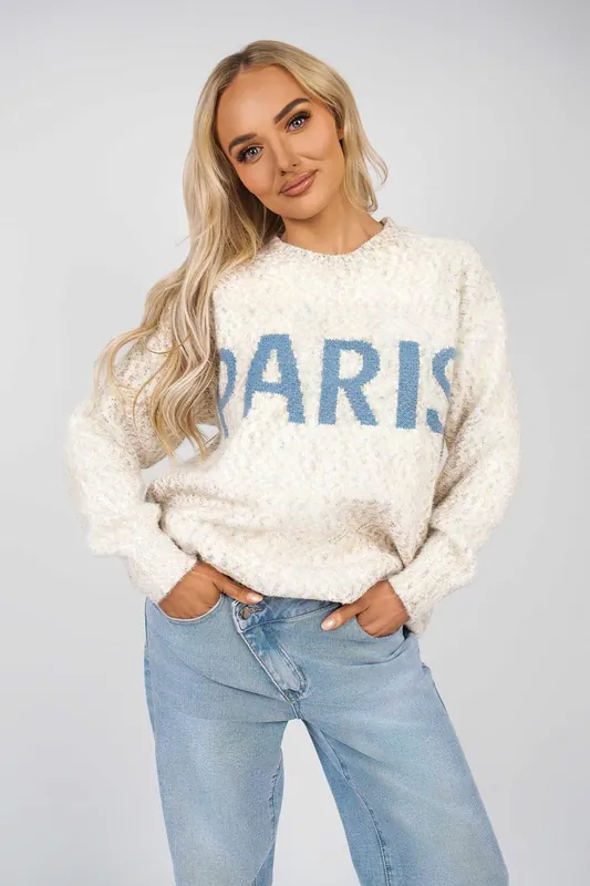 Jalina Long Sleeve Oversized Knitted Jumper With Paris Slogan - IKRUSH