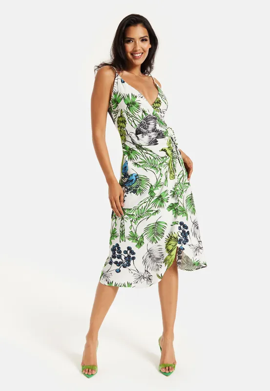 Bird and Floral Print Midi Wrap Dress - Liquorish