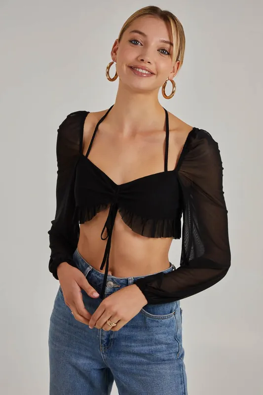 Long Sleeve Halterneck Crop Top - Pink Vanilla