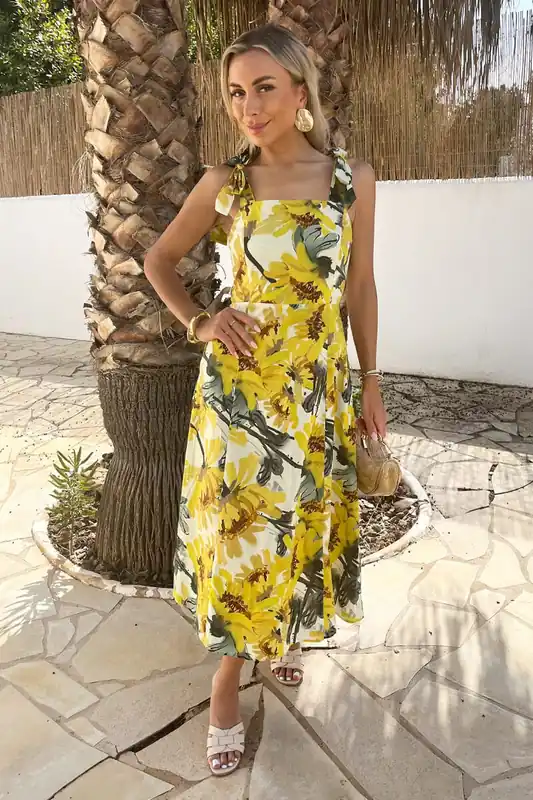 Yellow Sunflower Print Tie Strap Midi Dress - AX Paris
