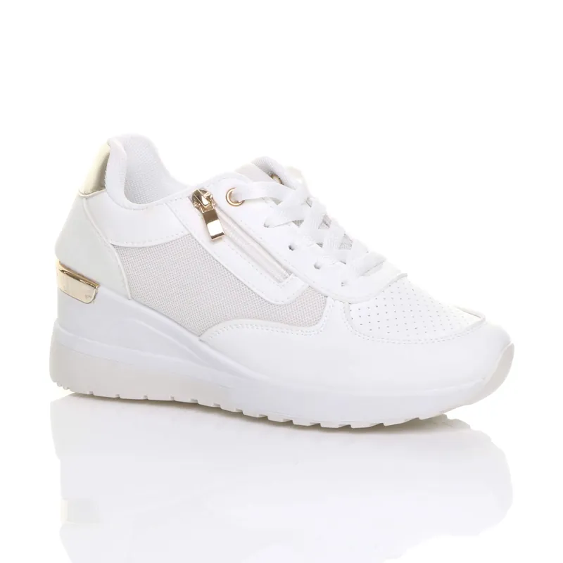 Mid Wedge Heel Lace Up Gold Zip Trainers - AJVANI