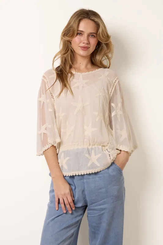 Stone Star Fish Embroidered Butterfly Sleeve Blouse - Blue Vanilla