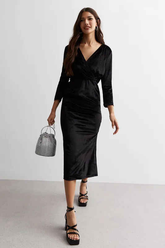 Black Velvet Wrap Top Midi Dress - Gini London