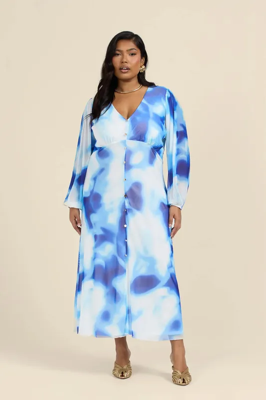 Curve Tie Dye Button Front Midi Dress - FASHION-SZN
