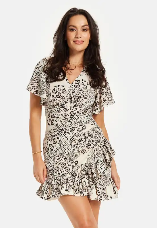 Frilled Hem Ruched Detail Mini Dress In Black&White - Liquorish