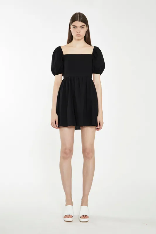 Tie Back Babydoll Mini Dress with Puff Sleeves - Shnoo