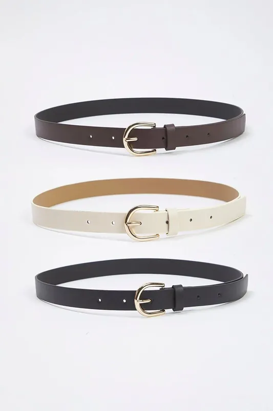 Triple Pack Gold Oval Buckle Classic Faux Leather Belt - WOVCOR