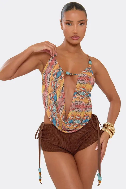 Strappy Cowl Neck Beaded Top - EGO