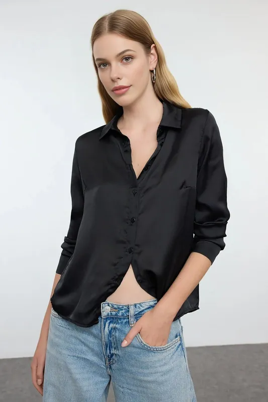 Satin Button-Up Long Sleeve Shirt