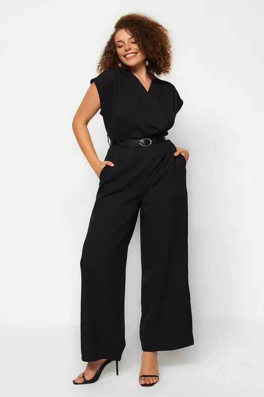 V-Neck Wide Leg Woven Jumpsuit with Belt Detail