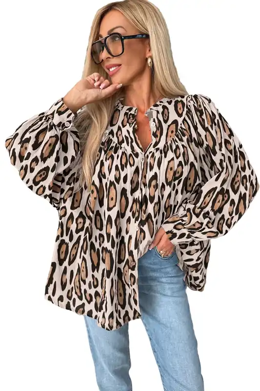 Jet Stream Oversized Leopard Print Balloon Sleeve Casual Shirt - Everyday The Label