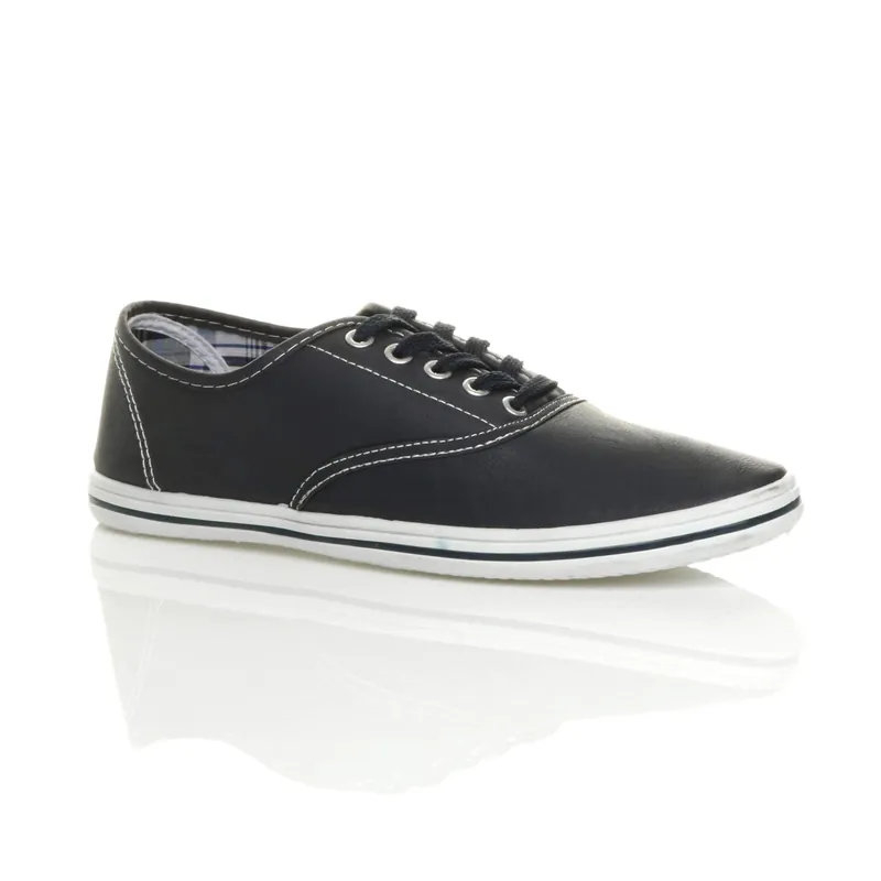 Flat Heel Lace Up Faux Leather Plimsolls - AJVANI