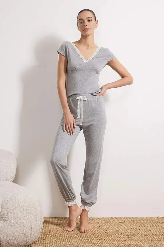 Lace Trim V Neck Cap Sleeve Cotton Knit Jogger Pyjama Set - WOVCOR