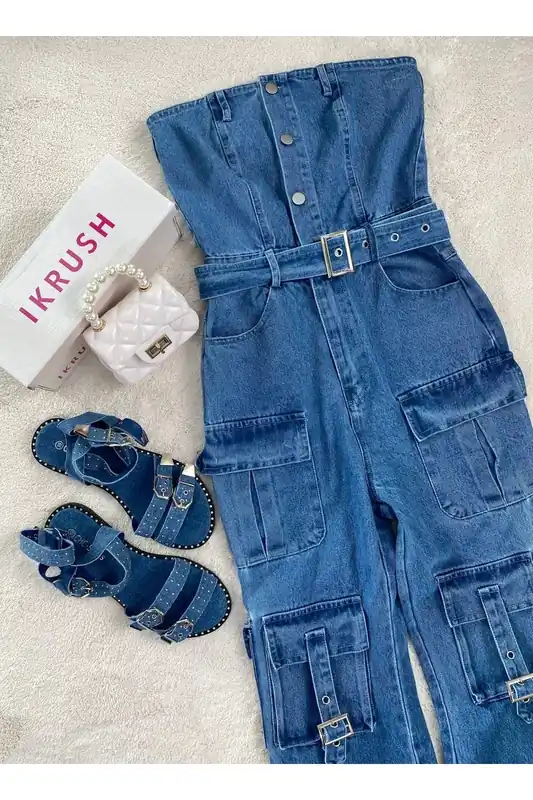 Giselle Multi Pockets Strapless Cargo Jumpsuit - IKRUSH
